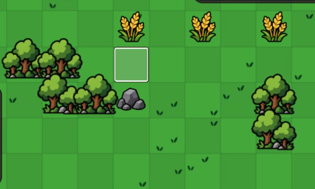 Grassland beside a castle's walls, with wheat, trees and a free tile marked for a new farm.
